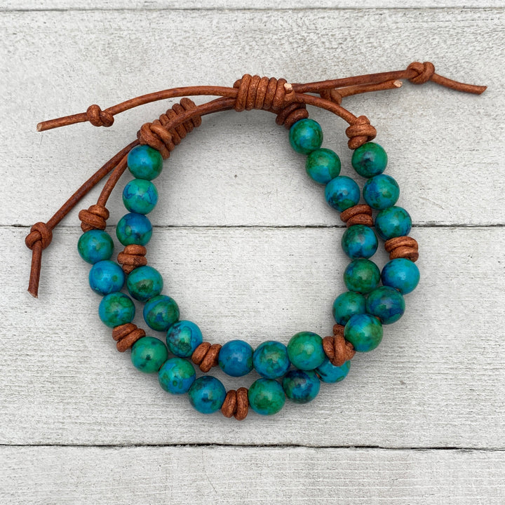 Azurite Gemstone and Rustic Brown Leather Bracelet - SunlightSilver