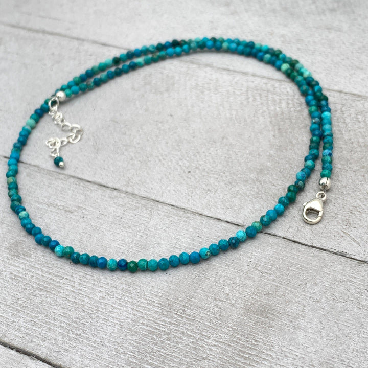 Faceted Chrysocolla and Sterling Silver Beaded Necklace. Tiny 2mm beads - SunlightSilver