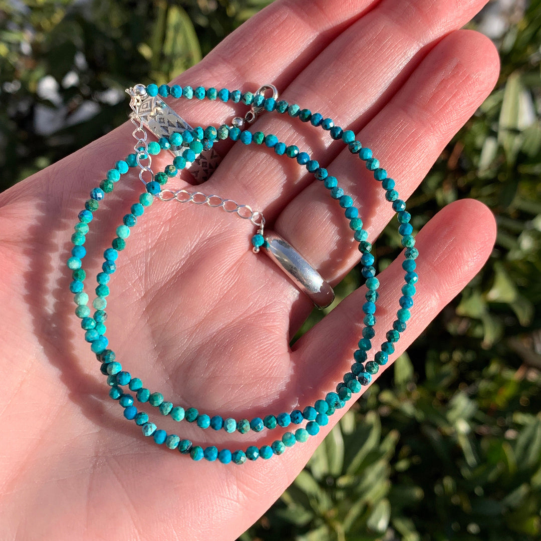 Faceted Chrysocolla and Sterling Silver Beaded Necklace. Tiny 2mm beads - SunlightSilver