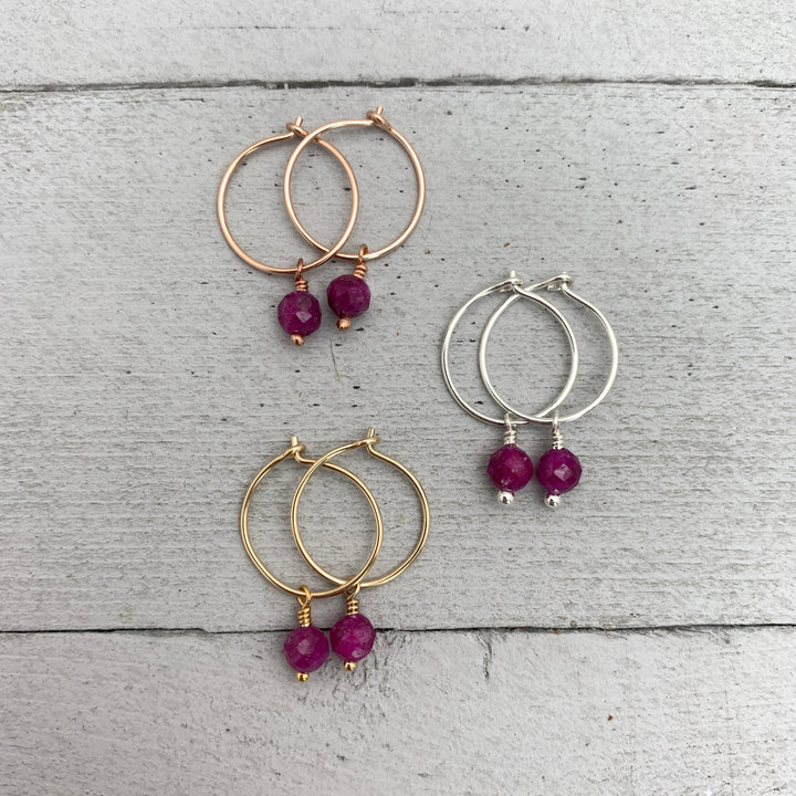 Ruby Charm Hoop Earrings. Available in Solid 925 Sterling Silver, 14k Yellow or Rose Gold Fill - SunlightSilver