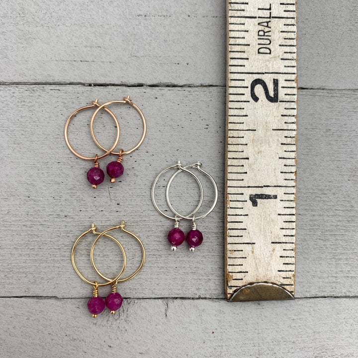 Ruby Charm Hoop Earrings. Available in Solid 925 Sterling Silver, 14k Yellow or Rose Gold Fill - SunlightSilver