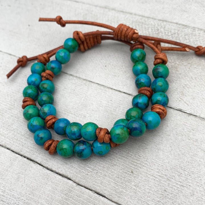 Azurite Gemstone and Rustic Brown Leather Bracelet - SunlightSilver