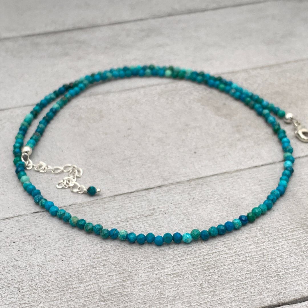 Faceted Chrysocolla and Sterling Silver Beaded Necklace. Tiny 2mm beads - SunlightSilver