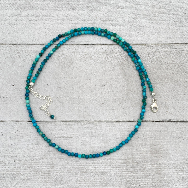 Faceted Chrysocolla and Sterling Silver Beaded Necklace. Tiny 2mm beads - SunlightSilver