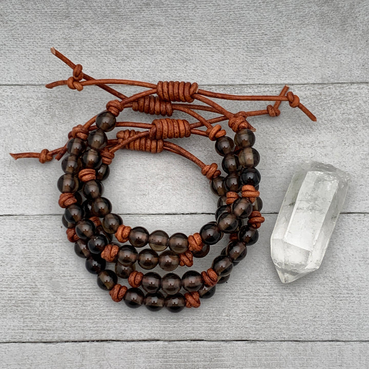 Smoky Quartz Gemstone and Rustic Brown Leather Bracelet - SunlightSilver