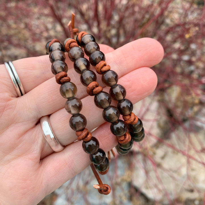 Smoky Quartz Gemstone and Rustic Brown Leather Bracelet - SunlightSilver