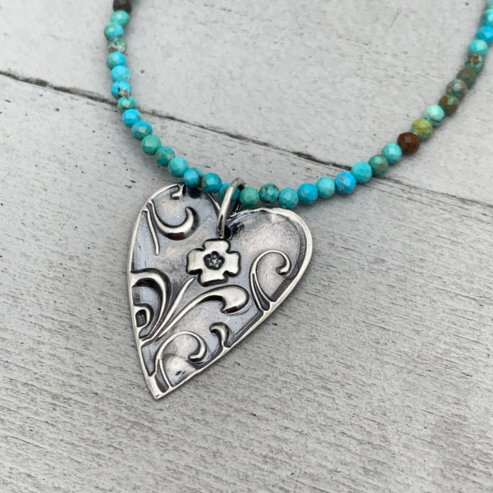 Silver Heart Necklace with Floral Design. Solid 925 Sterling Silver Pendant - SunlightSilver