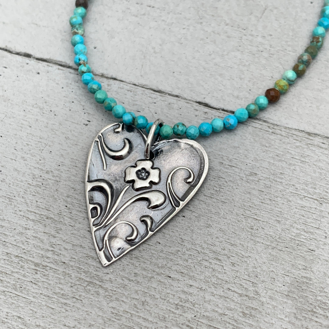 Silver Heart Necklace with Floral Design Solid 925 Sterling Silver Pendant - SunlightSilver