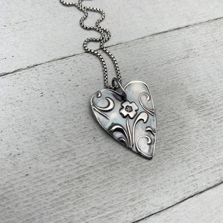 Silver Heart Necklace with Floral Design. Solid 925 Sterling Silver Pendant - SunlightSilver