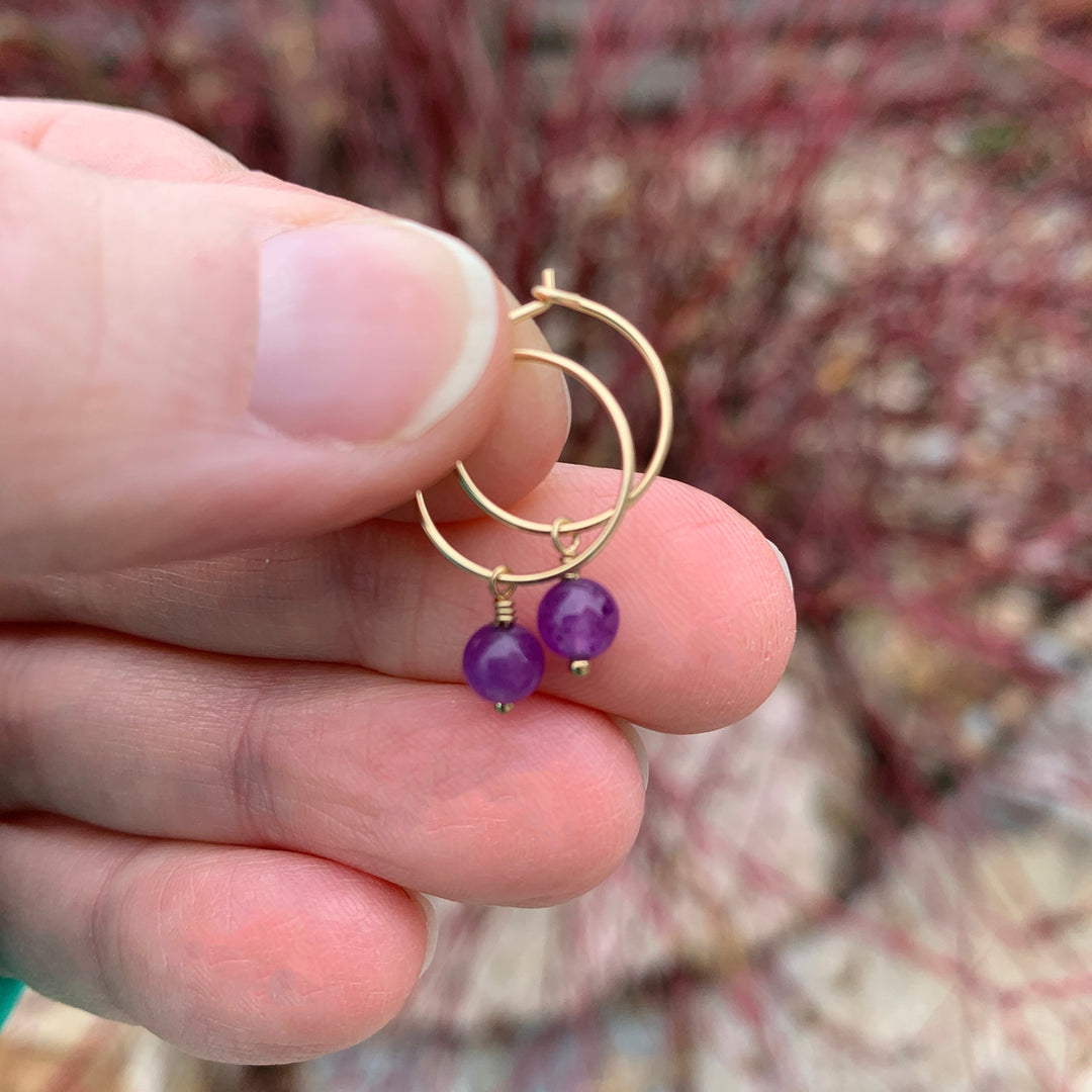 Amethyst Charm Hoop Earrings. Available in Solid 925 Sterling Silver, 14k Yellow or Rose Gold Fill - SunlightSilver