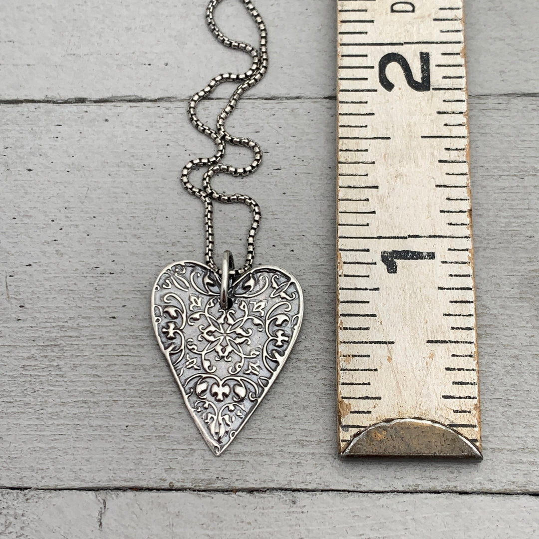 Stamped Silver Heart Pendant Necklace. Solid 925 Sterling Silver Pendant - SunlightSilver