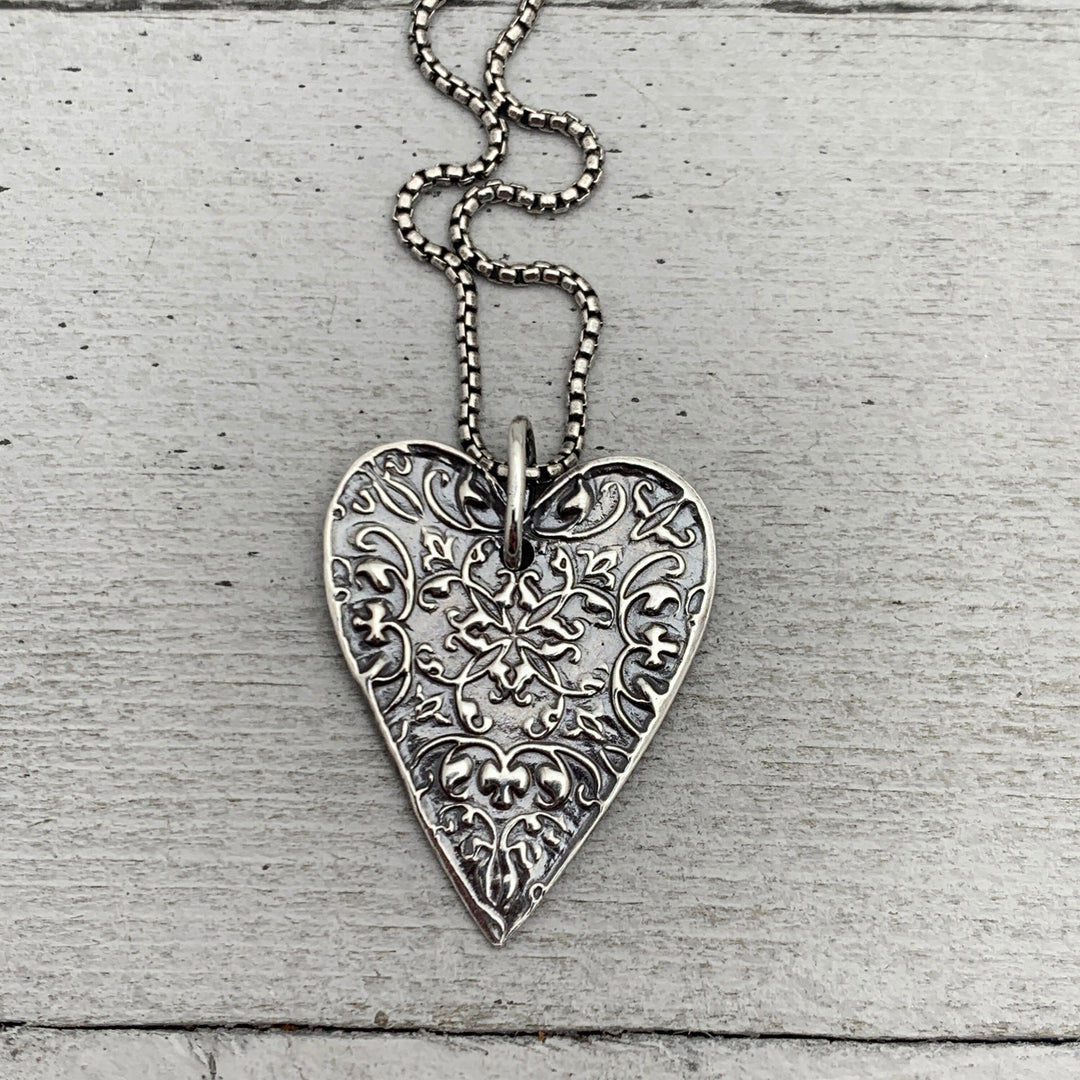 Stamped Silver Heart Pendant Necklace. Solid 925 Sterling Silver Pendant - SunlightSilver