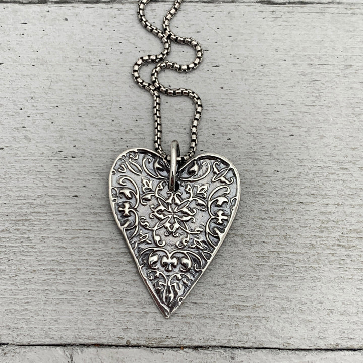 Stamped Silver Heart Pendant Necklace. Solid 925 Sterling Silver Pendant - SunlightSilver