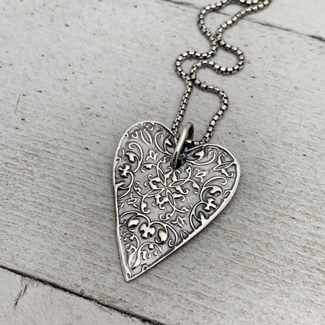 Stamped Silver Heart Pendant Necklace. Solid 925 Sterling Silver Pendant - SunlightSilver