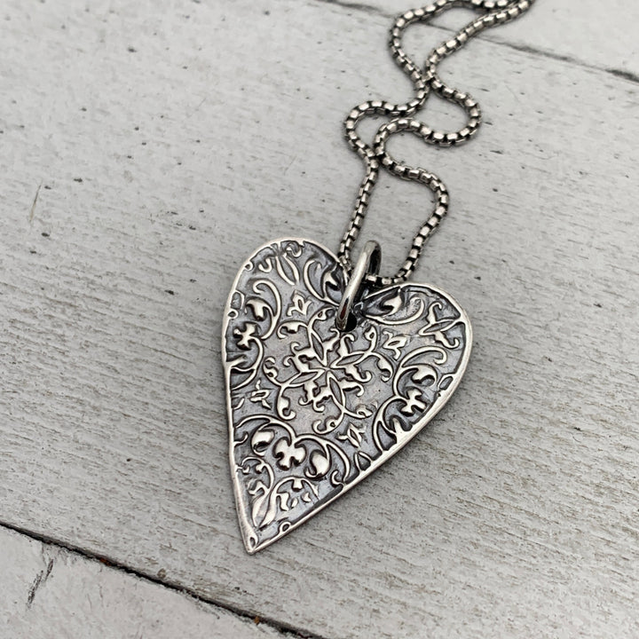 Stamped Silver Heart Pendant Necklace. Solid 925 Sterling Silver Pendant - SunlightSilver