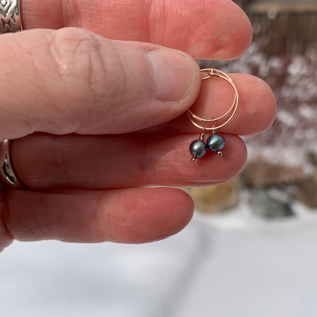 Peacock Freshwater Pearl Charm Hoop Earrings. Available in Solid 925 Sterling Silver, 14k Yellow or Rose Gold Fill - SunlightSilver