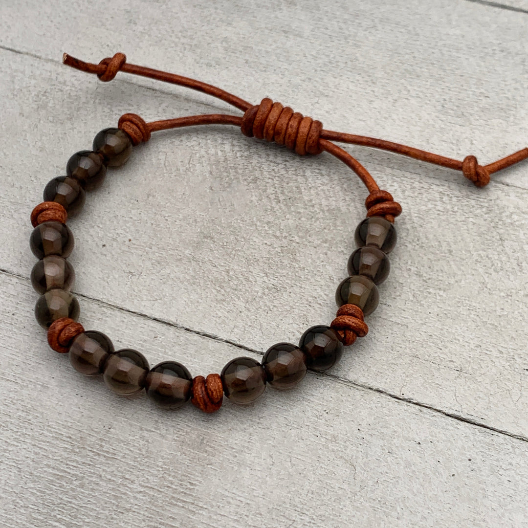 Smoky Quartz Gemstone and Rustic Brown Leather Bracelet - SunlightSilver