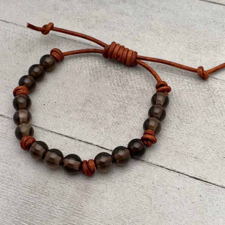 Smoky Quartz Gemstone and Rustic Brown Leather Bracelet - SunlightSilver