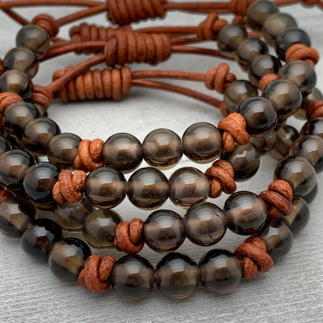 Smoky Quartz Gemstone and Rustic Brown Leather Bracelet - SunlightSilver