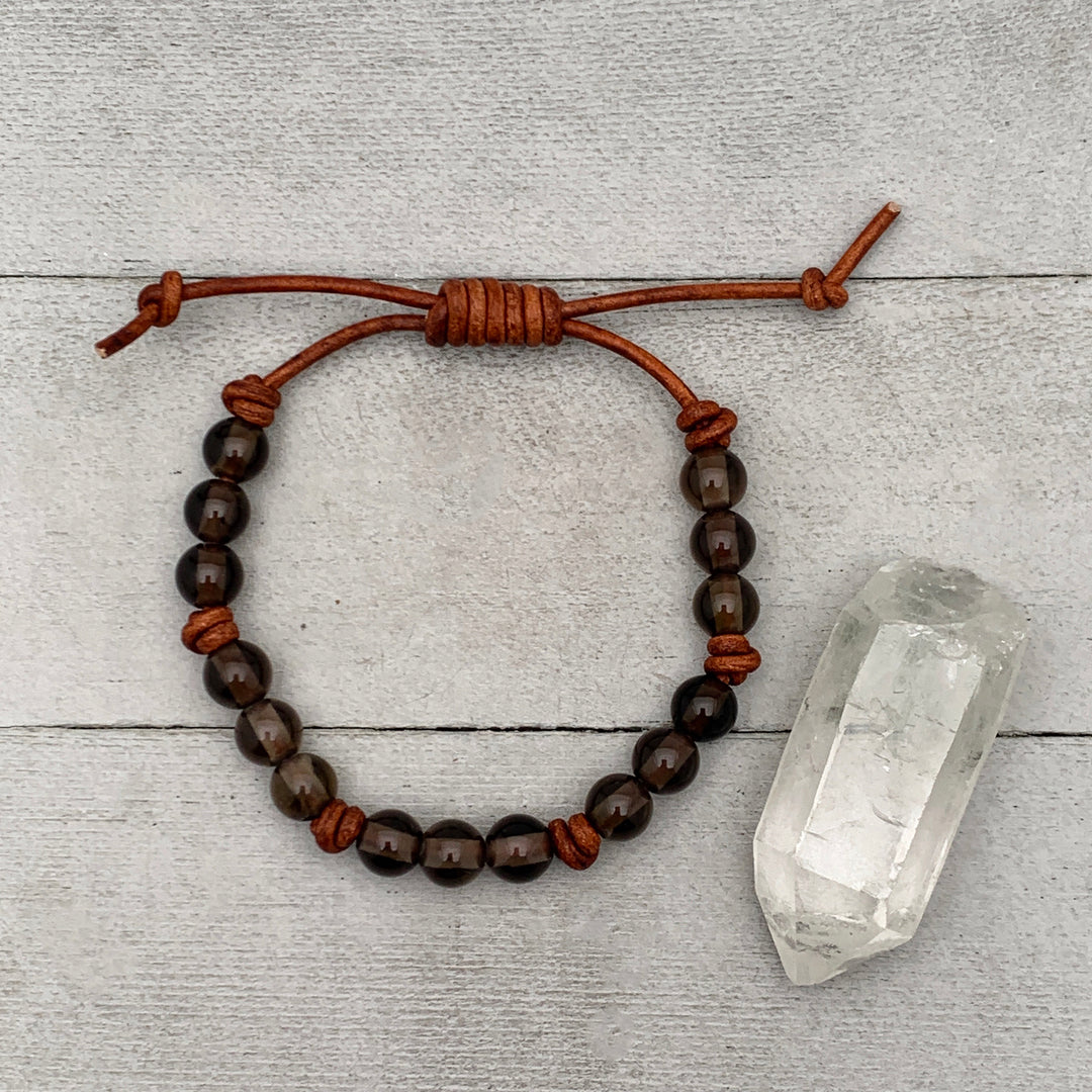 Smoky Quartz Gemstone and Rustic Brown Leather Bracelet - SunlightSilver