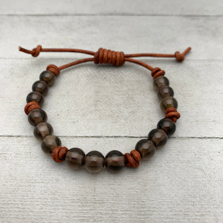 Smoky Quartz Gemstone and Rustic Brown Leather Bracelet - SunlightSilver