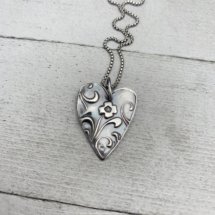 Silver Heart Necklace with Floral Design. Solid 925 Sterling Silver Pendant - SunlightSilver