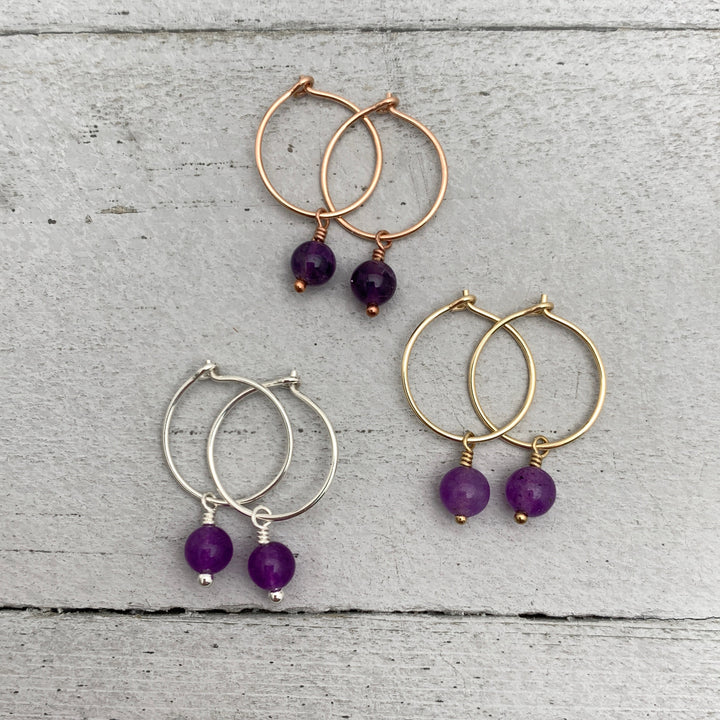 Amethyst Charm Hoop Earrings. Available in Solid 925 Sterling Silver, 14k Yellow or Rose Gold Fill - SunlightSilver