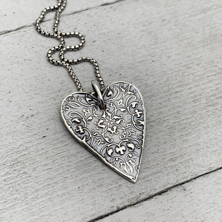 Stamped Silver Heart Pendant Necklace. Solid 925 Sterling Silver Pendant - SunlightSilver