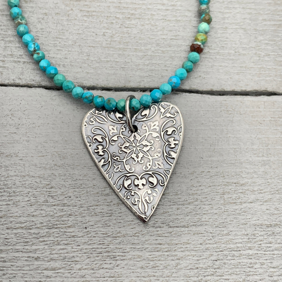 Stamped Silver Heart Pendant Necklace. Solid 925 Sterling Silver Pendant - SunlightSilver