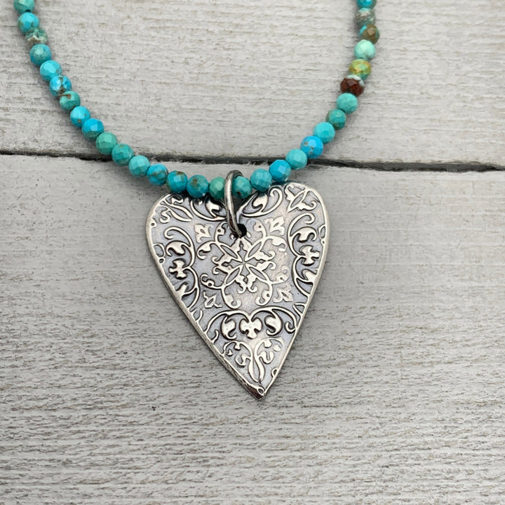 Stamped Silver Heart Pendant Necklace. Solid 925 Sterling Silver Pendant - SunlightSilver