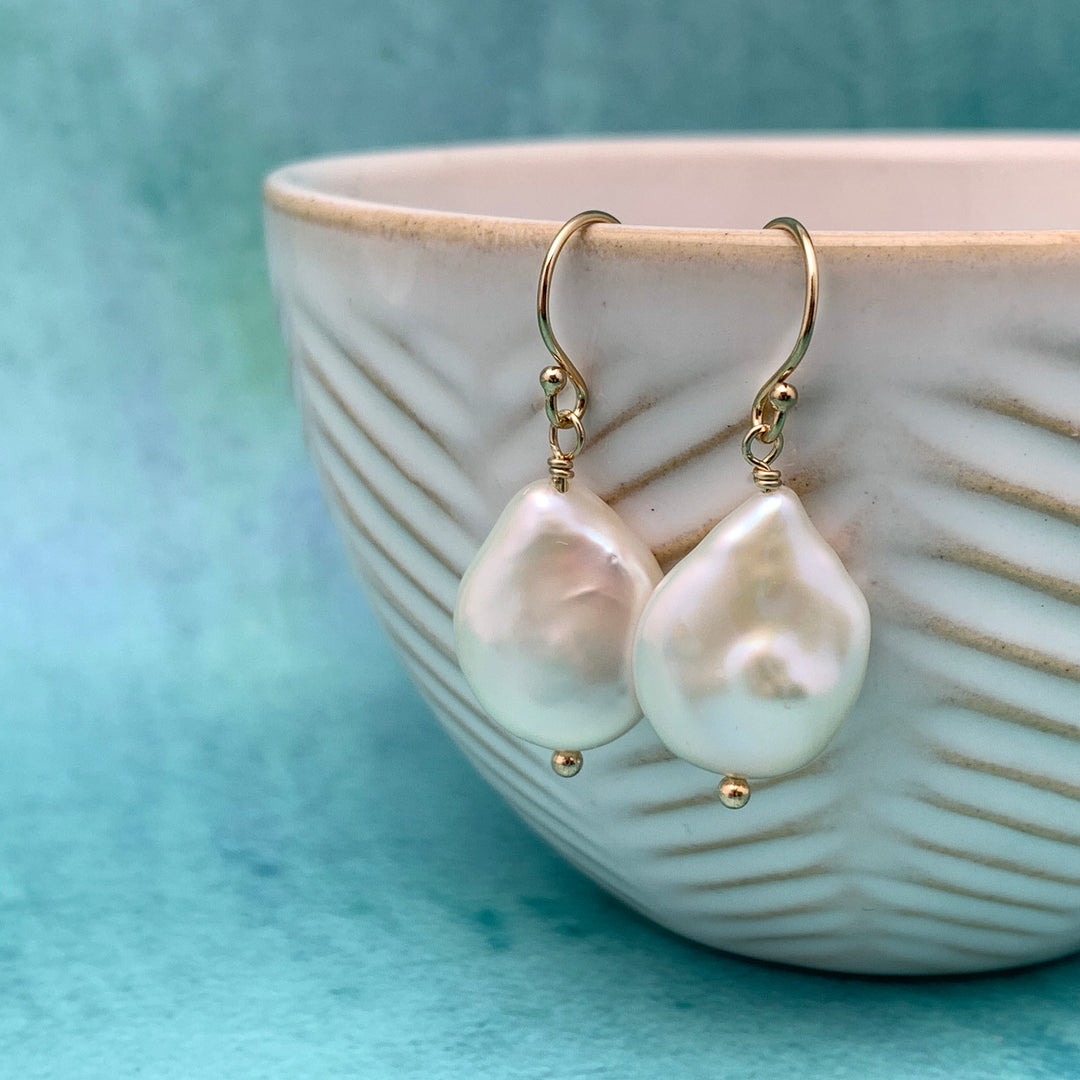 Gorgeous Keshi Pearl and 14k Yellow Gold Fill Earrings. Thick, Lustrous Nacre AAA - SunlightSilver