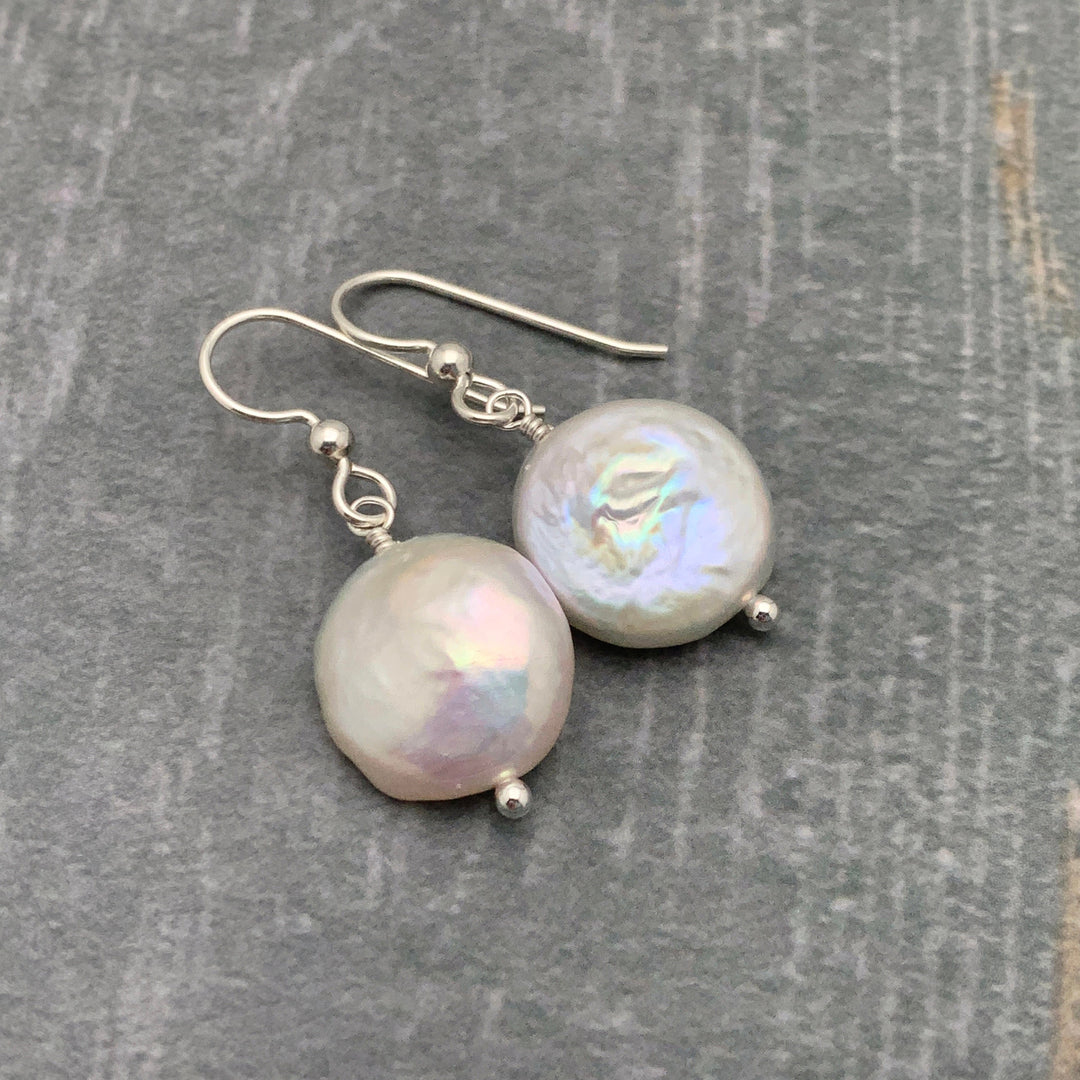 Gorgeous Keshi Coin Pearl and solid 925 Sterling Silver Earrings. Large, Thick, Lustrous Nacre and Orient - SunlightSilver