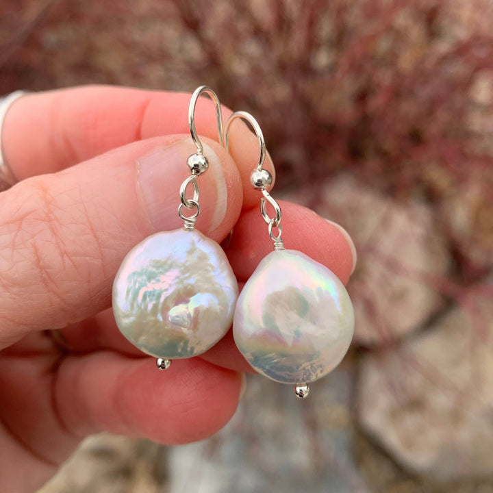 Large Keshi Coin Pearl Earrings • Organic Iridescent Pearls • Sterling Silver Dangle Earrings • June Birthstone Jewelry Gift - LAST ONES! - SunlightSilver