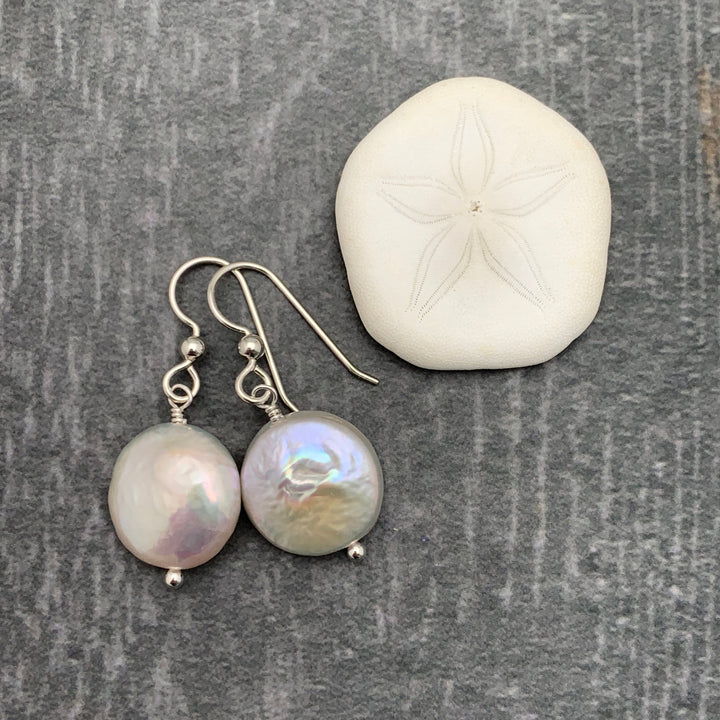 Gorgeous Keshi Coin Pearl and solid 925 Sterling Silver Earrings. Large, Thick, Lustrous Nacre and Orient - SunlightSilver