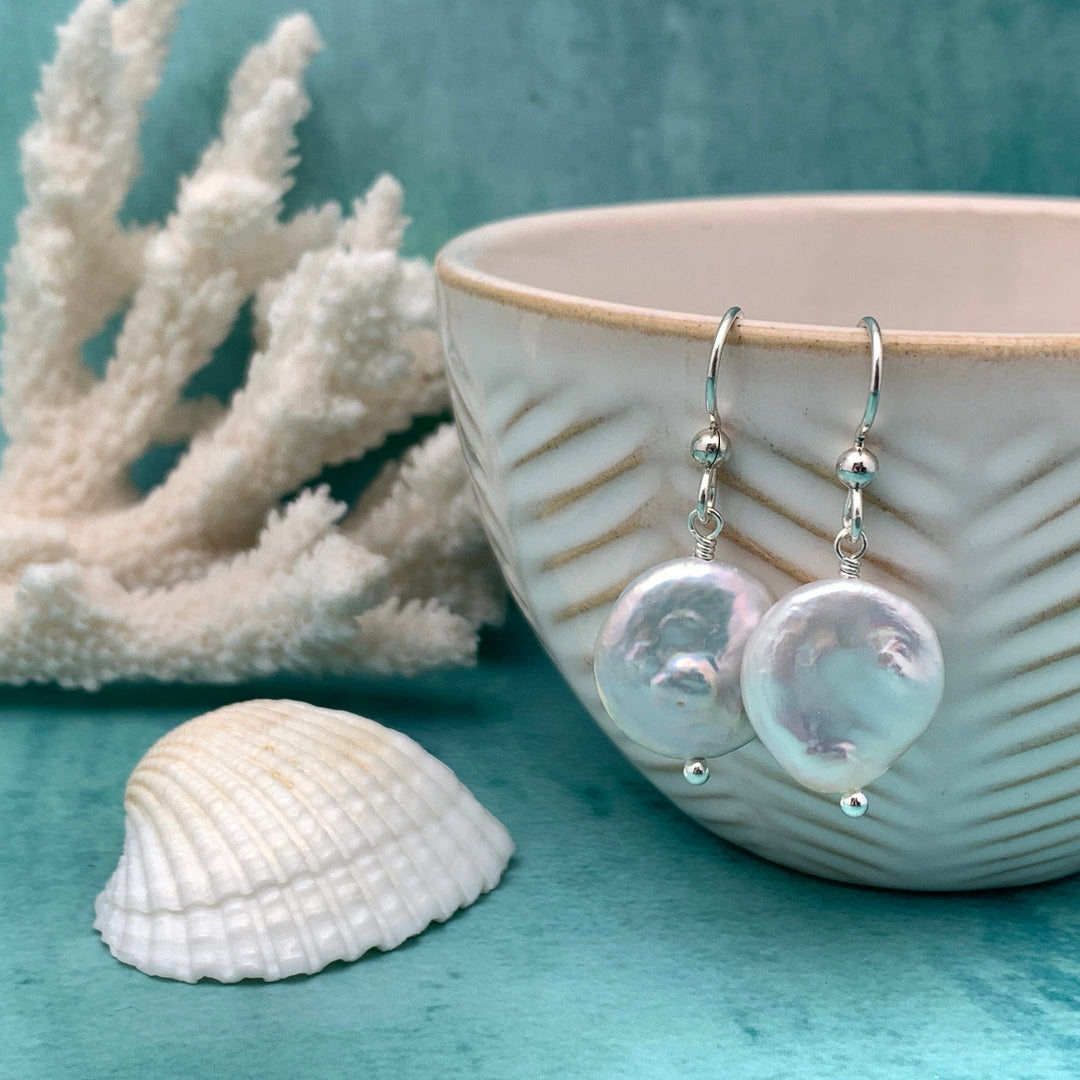 Gorgeous Keshi Coin Pearl and solid 925 Sterling Silver Earrings. Large, Thick, Lustrous Nacre and Orient - SunlightSilver