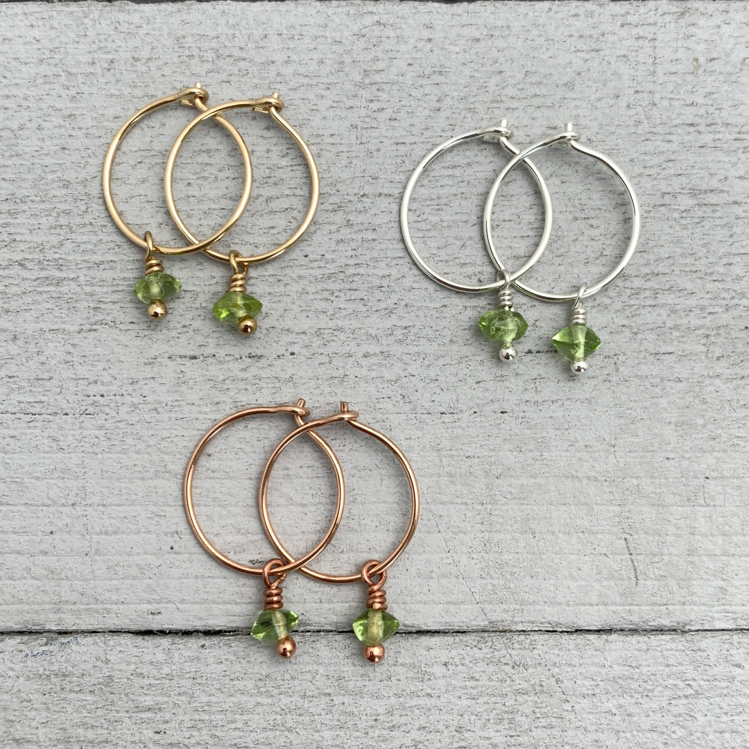 Green Peridot Charm Hoop Earrings. Available in Solid 925 Sterling Silver, 14k Yellow or Rose Gold Fill - SunlightSilver