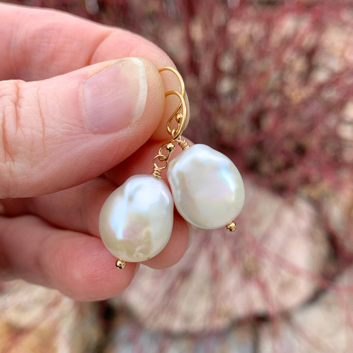 Gorgeous Keshi Pearl and 14k Yellow Gold Fill Earrings. Thick, Lustrous Nacre AAA - SunlightSilver