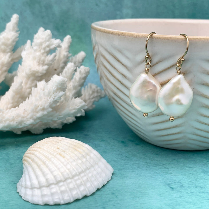 Gorgeous Keshi Pearl and 14k Yellow Gold Fill Earrings. Thick, Lustrous Nacre AAA - SunlightSilver