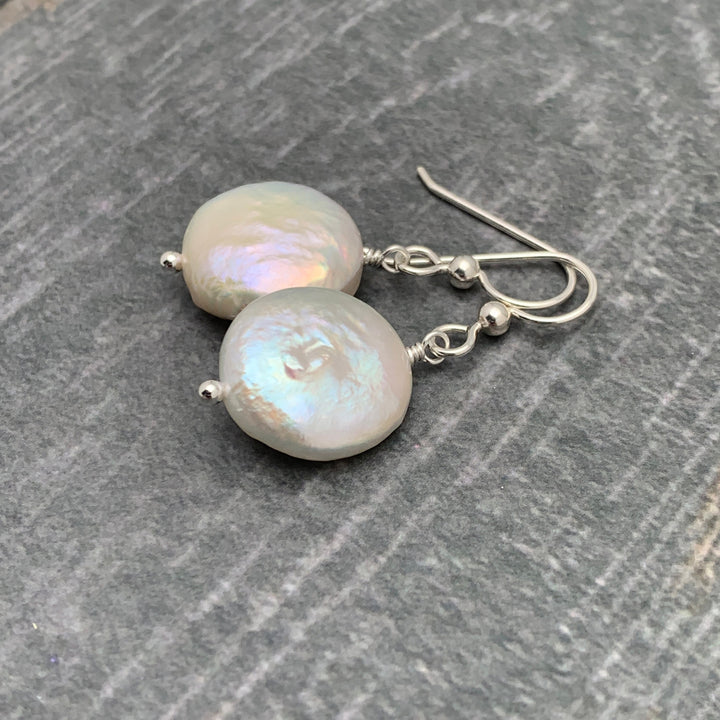 Gorgeous Keshi Coin Pearl and solid 925 Sterling Silver Earrings. Large, Thick, Lustrous Nacre and Orient - SunlightSilver