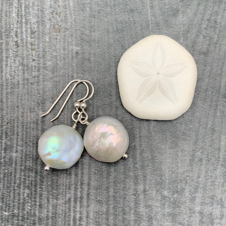 Gorgeous Keshi Coin Pearl and solid 925 Sterling Silver Earrings. Large, Thick, Lustrous Nacre and Orient - SunlightSilver