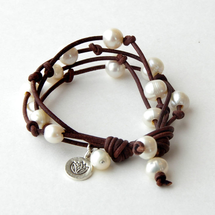 Pearl Bracelet | Rustic Brown Leather Multi-Strand Wrap Jewelry, White Freshwater Pearls, Silver Charm - SunlightSilver