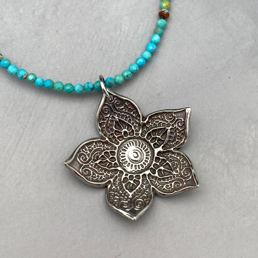 Large Sterling Silver Flower Necklace. Solid 925 Sterling Silver Paisley Flower Pendant. Big Bohemian Mandala Flower Necklace. - SunlightSilver