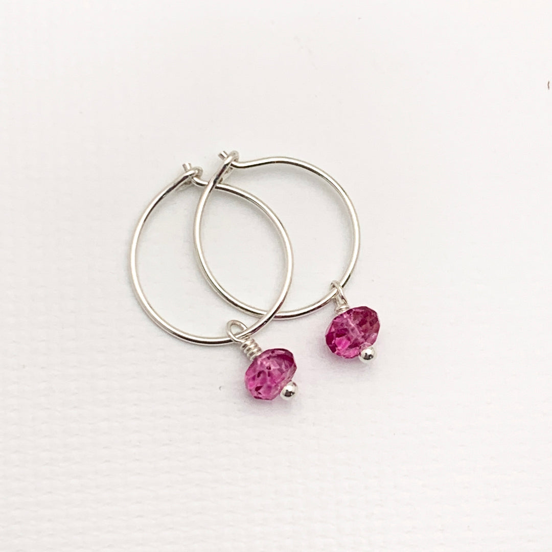 Pink Topaz Charm Hoop Earrings. Available in Solid 925 Sterling Silver, 14k Yellow or Rose Gold Fill - SunlightSilver