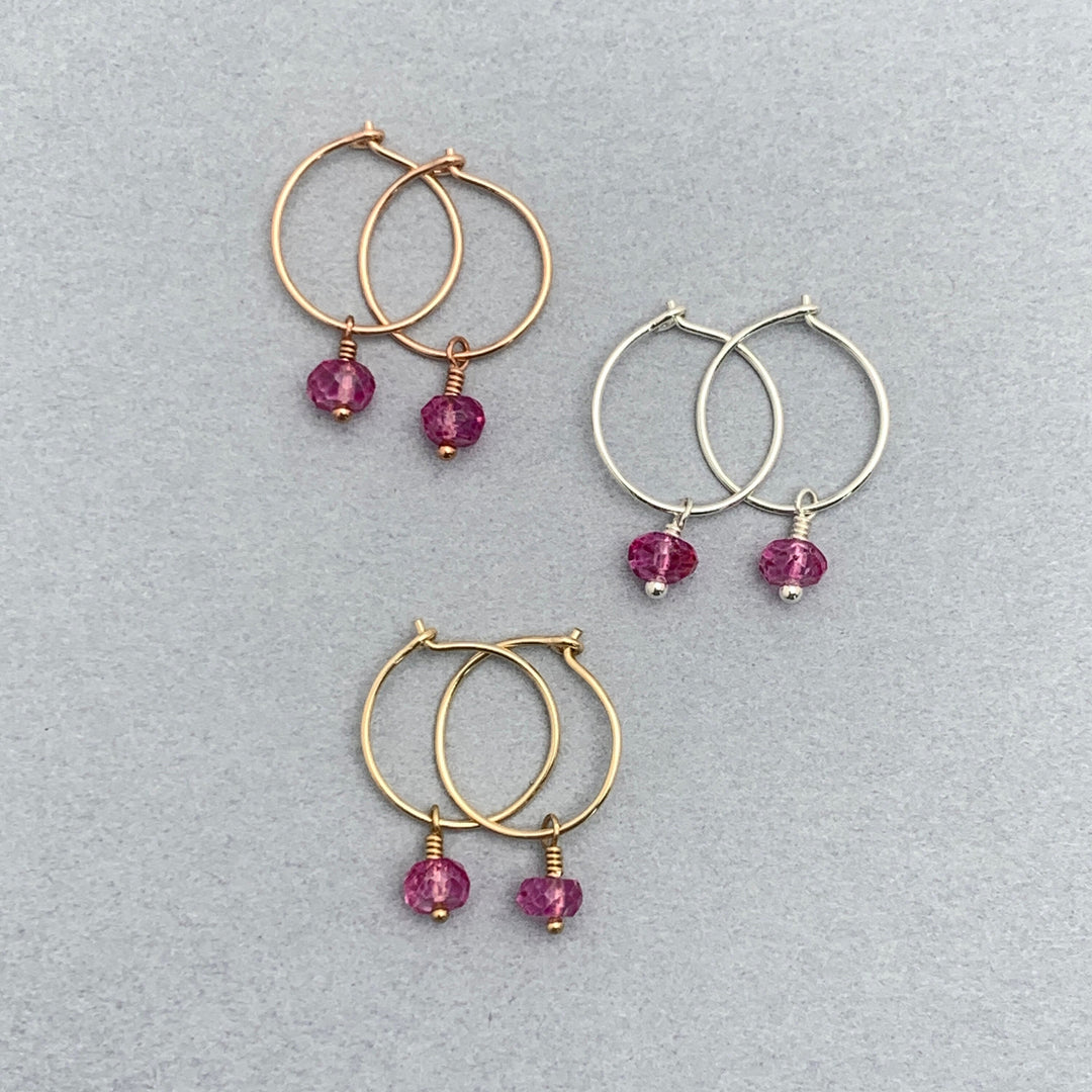 Pink Topaz Charm Hoop Earrings. Available in Solid 925 Sterling Silver, 14k Yellow or Rose Gold Fill - SunlightSilver