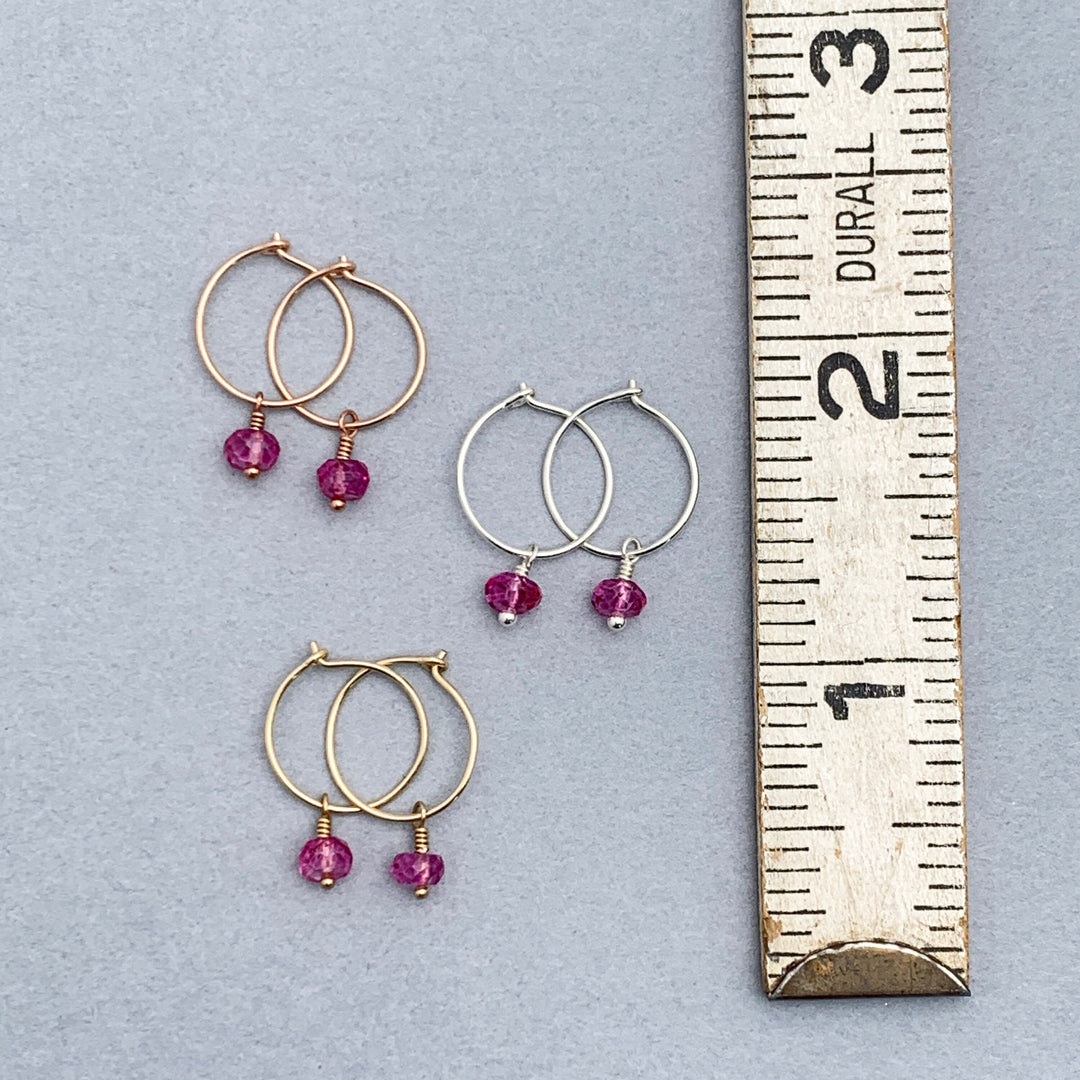 Pink Topaz Charm Hoop Earrings. Available in Solid 925 Sterling Silver, 14k Yellow or Rose Gold Fill - SunlightSilver