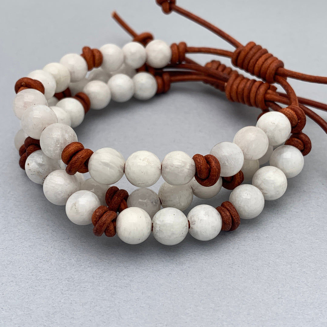 White Moonstone and Rustic Brown Leather Bracelet - SunlightSilver