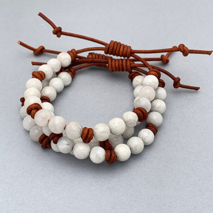 White Moonstone and Rustic Brown Leather Bracelet - SunlightSilver