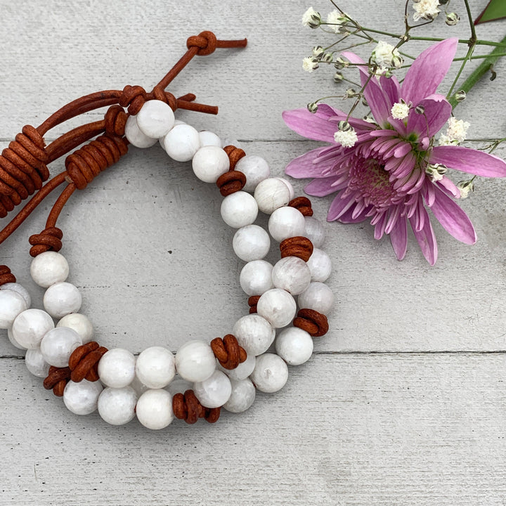 White Moonstone and Rustic Brown Leather Bracelet - SunlightSilver