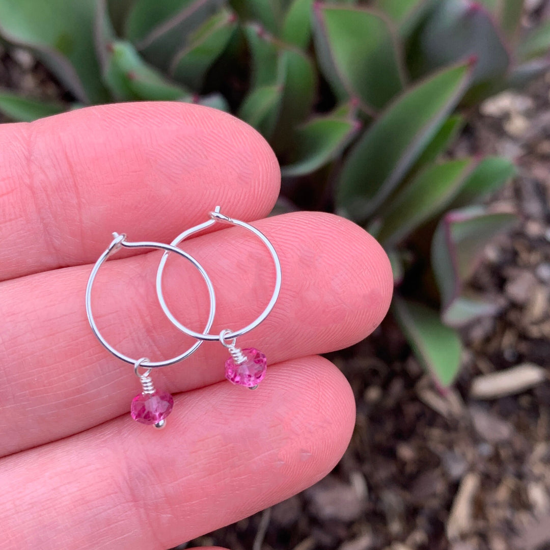 Pink Topaz Charm Hoop Earrings. Available in Solid 925 Sterling Silver, 14k Yellow or Rose Gold Fill - SunlightSilver