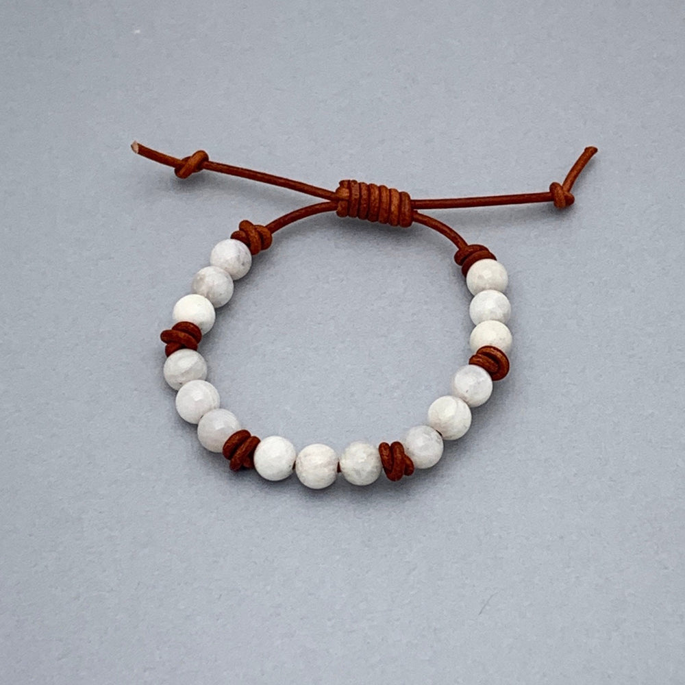 White Moonstone and Rustic Brown Leather Bracelet - SunlightSilver